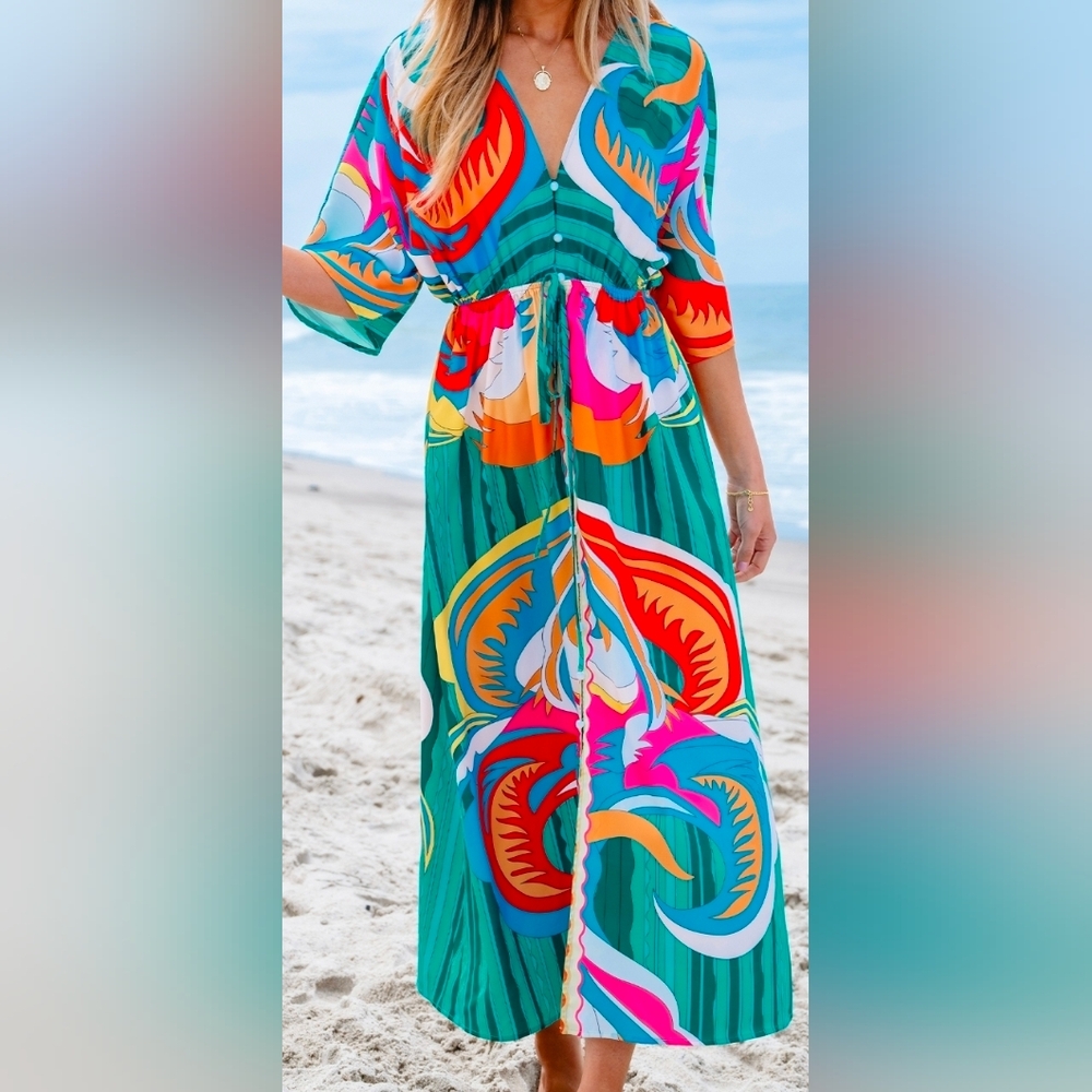 Cupshe Vibrant Teal and Orange Long Sleeve Dress